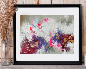May include: Abstract painting in a black frame with a white mount. The painting features a mix of pink, purple, white, and gold paint on a grey background.