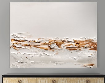 Decoración de pared sobre la cama, arte abstracto en lienzo grande, pintura blanca, arte abstracto de pared, arte de pared con pan de oro, arte de pared extragrande