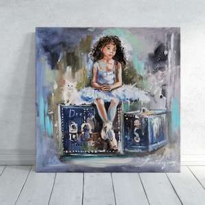 Arte de lienzo de belleza de ballet, retrato de bailarina afroamericana, decoración de pared encantadora, bailarina joven y un gatito blanco