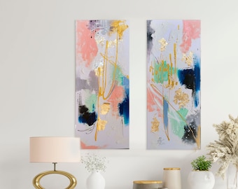 Gallery wall set, Original Abstract painting, Mint pink painting, Geometric Paintings, Abstract wall art