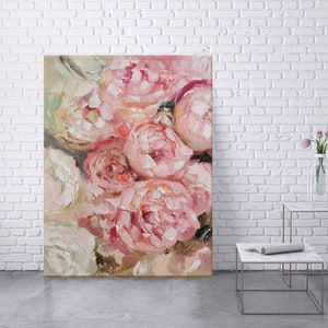 Large flowers painting, Peonies art on Canvas, Creme flowers painting, Original Wall Art by Annet Loginova