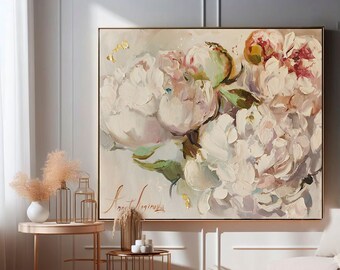 White Floral wall art, Bohemian wall decor, Peonies painting, Bridal bouquet Original Wall Art by Annet Loginova