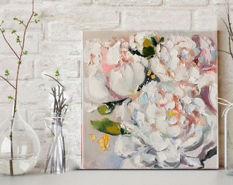 White flowers painting on canvas, Peonies original painting, Floral wall art, Floral art, Flowers oil painting