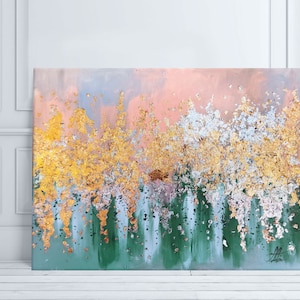 Emerald and gold Painting on canvas, Christmas painting, Gold wall decor, Fall Abstract art, Gold leaf painting