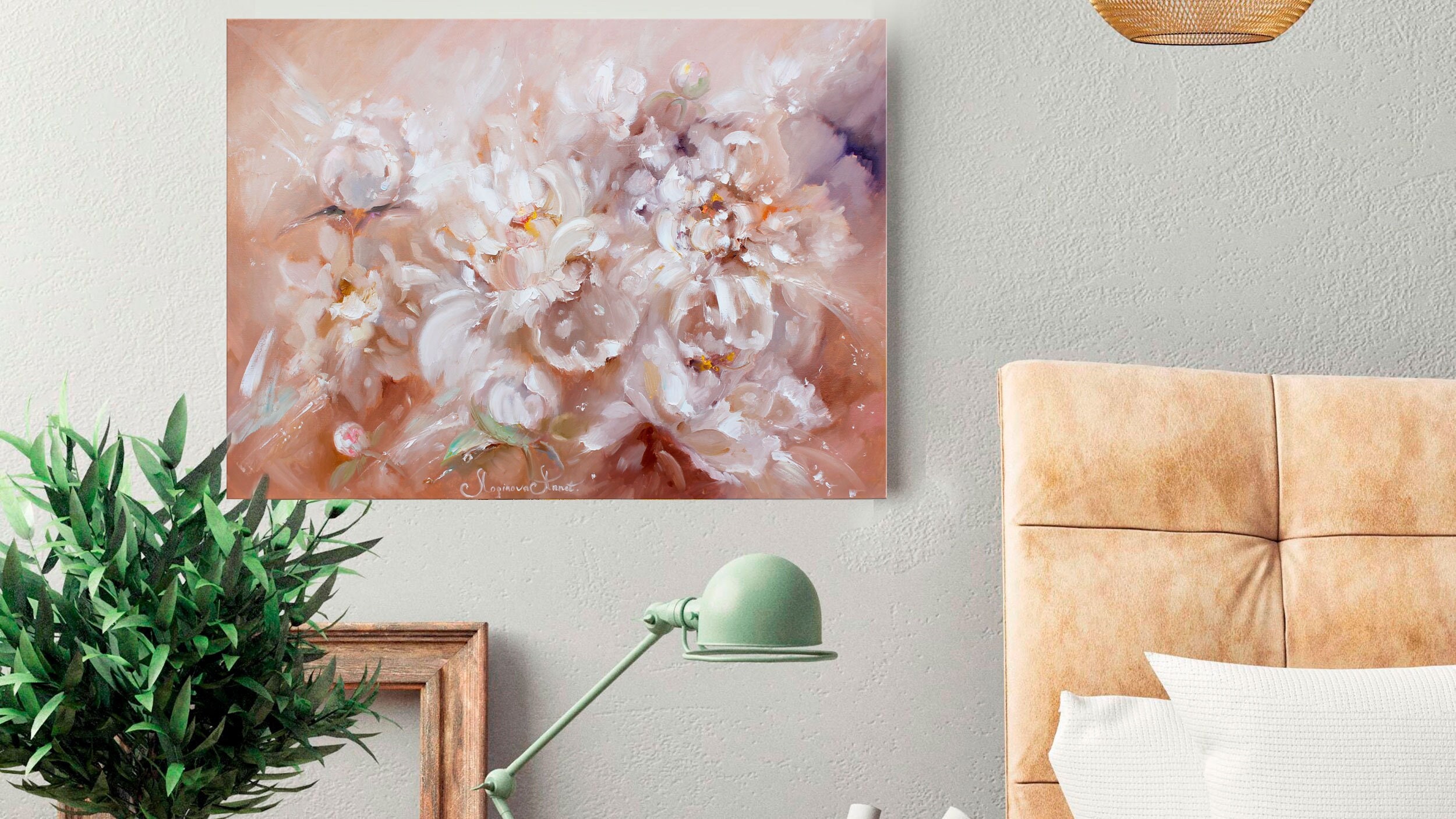 Floral oil painting, neutral wall art, Peonies painting, Bridal bouquet Original Wall Art by Annet Loginova