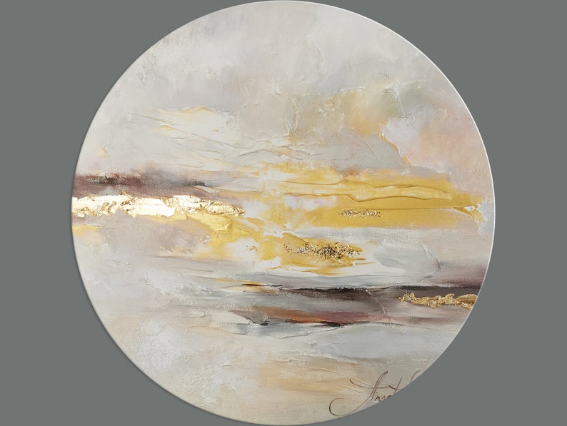 Round Abstract Canvas Art Abstract Wall Art Gold Leaf Wall Etsy