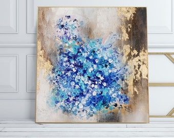 Abstract Canvas art, Blue flowers wall art, Framed Oversize Oil Painting, Large floral painting, Golden painting