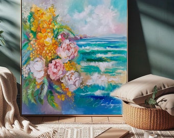 Floral painting with sea, Oean wall art, Flowers original painting, Large painting on canvas, Yellow blue wall art