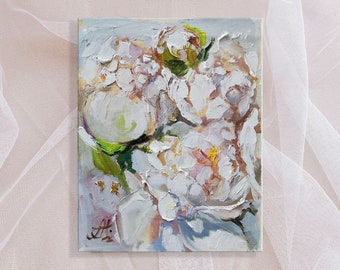 Miniature Oil Painting of Exquisite White Peonies with Textured Brushstrokes