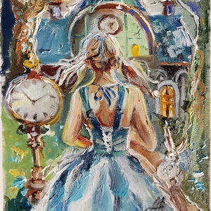 Alice&#39;s Whimsical Wonderland: A Vibrant Oil Painting Depicting the Enchanting Adventures of Alice in a Fantasy Landscape