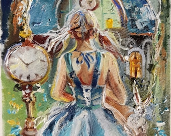 Alice's Whimsical Wonderland: A Vibrant Oil Painting Depicting the Enchanting Adventures of Alice in a Fantasy Landscape