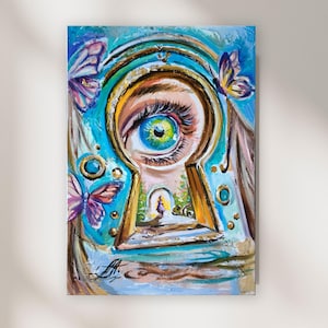 Alice&#39;s Whimsical Wonderland Colourful Oil Painting Painting in blue and gold tones