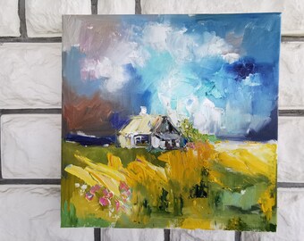 Landscape wall art, House in field original painting. Field wall decor original art canvas painting house wall art