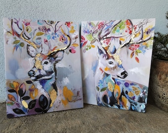 Animals Print set, Deer painting on canvas, Ready to ship, Animals wall art, Boho painting