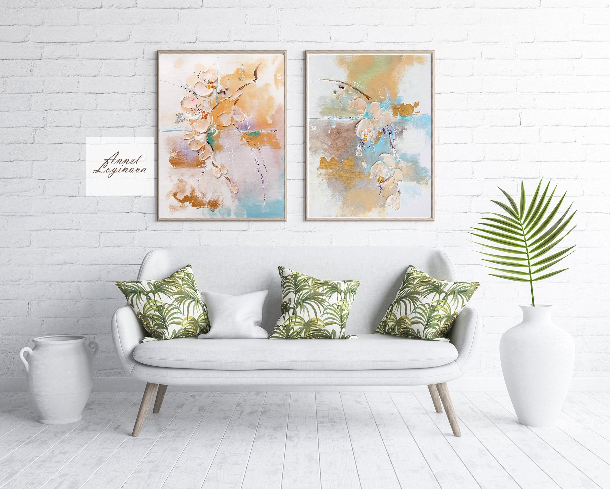 Two's Company Abstract Wall Art Framed Canvas With Hand Painting