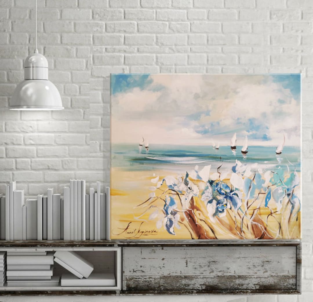 Landscape Painting Original Ocean Art Sea Decor Iris Flowers Art