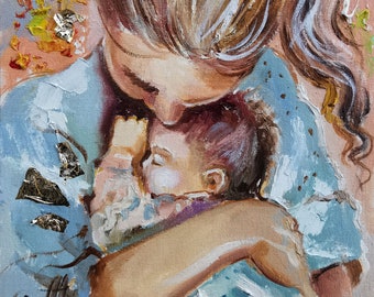 Tender Mother and Child Bond in a Small Format Original Artwork, Emotional Family Portrait, Expressive Brushwork, Heartfelt Home Decor