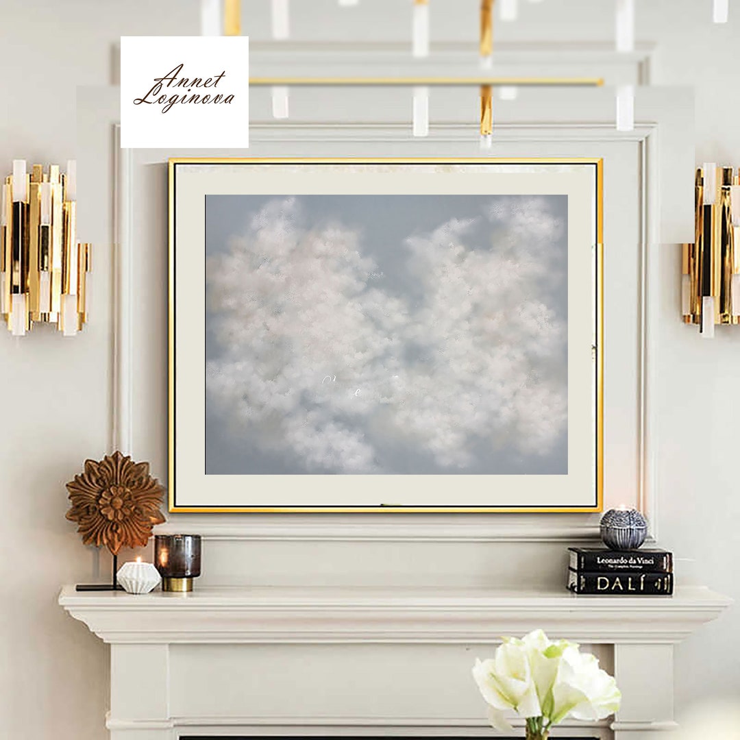 Сlouds Wall Art, Large Wall Art, Soft Painting, Light Grey Wall Art