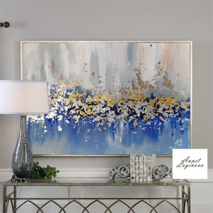 Large Abstract Painting on canvas, Blue gold painting, Gold wall decor, Fall Abstract art, Gold leaf painting