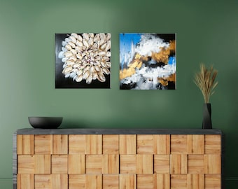 Modern abstrakt blommig diptyk med bladguld, texturerad blandteknikkonst på duk – Set med 2 målningar för elegant samtida