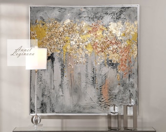 Arte abstracto en lienzo dorado, arte de pared de otoño, pintura abstracta original, arte de pared extragrande, arte de pared con hojas doradas, arte de pared para sala de estar