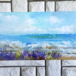 Panoramic ocean painting, Sea painting on canvas, Blue painting, Lavender painting, Ocean wall art, Living room decor