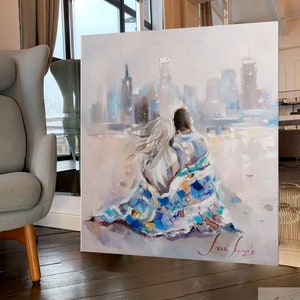 Gift for couple, Blue grey painting, City art, Custom painting, Over bed wall decor, Beach painting