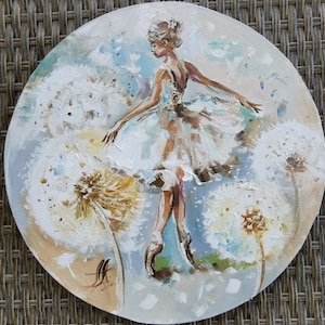 Ballerina wall art on round canvas, Dandelions painting, Ballet painting, Miniature wall art, Boho room painting