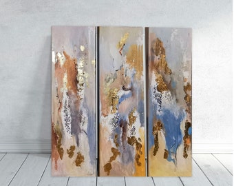 3 piece wall art, Gold Leaf Painting, Triptych wall art,  Acrylic Painting On canvases, Abstract wall art, neutral wall art