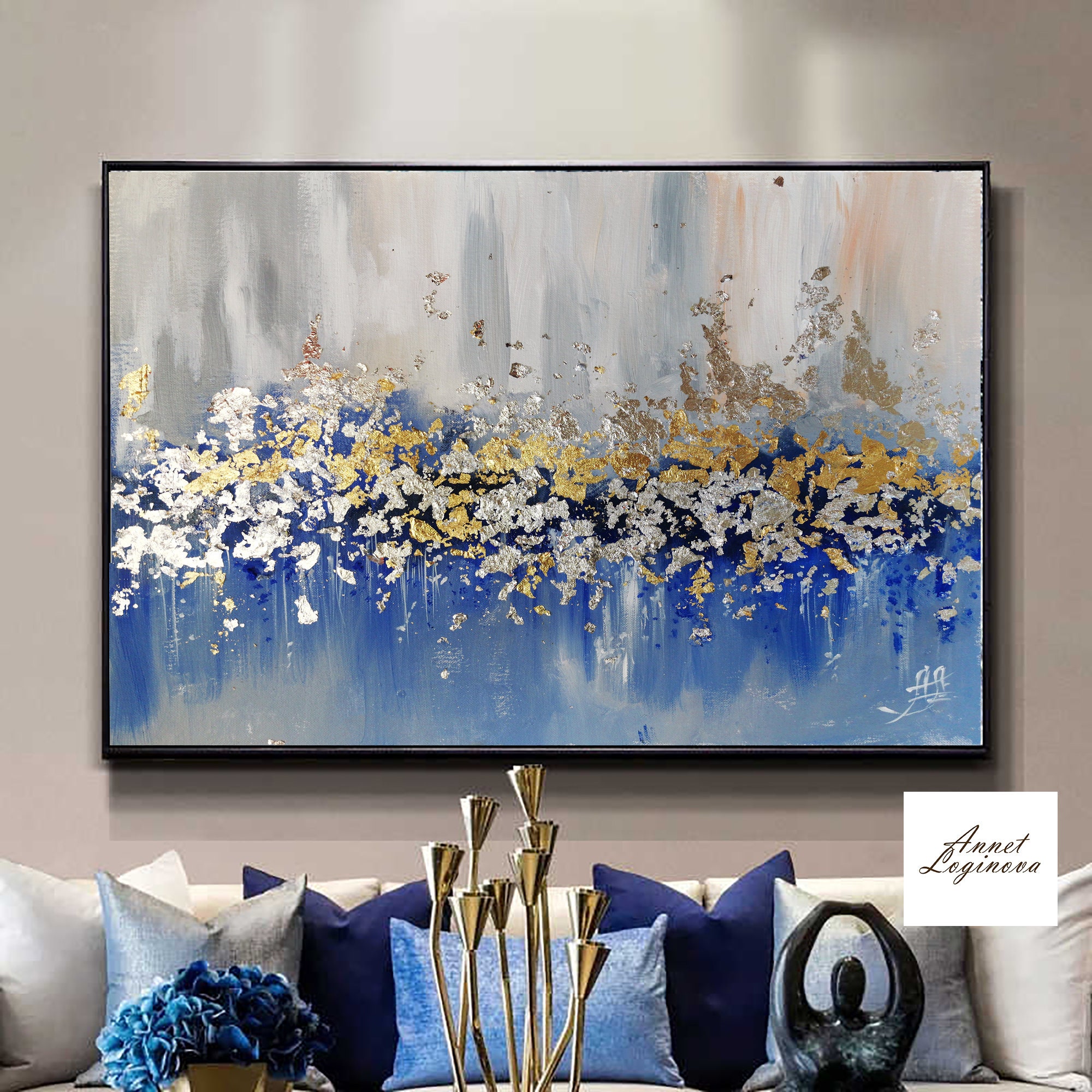 Large Abstract Painting on Canvas Blue Gold Painting Gold Etsy