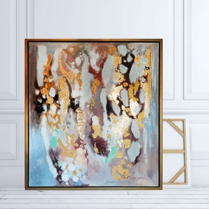 Gold framed abstract painting, Gold Leaf Canvas art, Large Canvas Art, Abstract Wall Art,  Golden painting, Ready to ship art