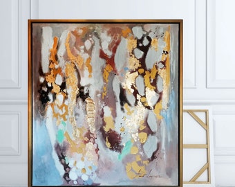 Gold framed abstract painting, Gold Leaf Canvas art, Large Canvas Art, Abstract Wall Art,  Golden painting, Ready to ship art