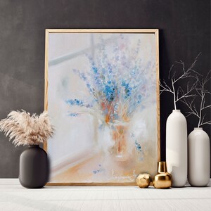 オリジナルの花の絵画、花の壁アート、青い花束、ボヘミアン絵画、キッチンの壁アート