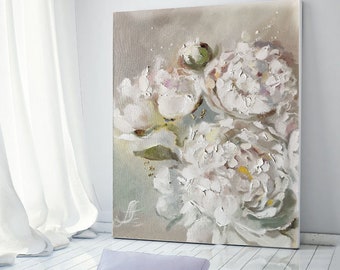 Floral oil painting, Neutral wall art, Peonies painting, Bridal bouquet, White flowers painting, Original Wall Art, Peony painting