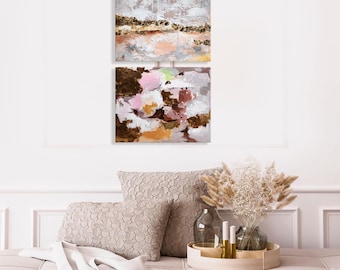 Texturerad abstrakt oljemålning diptyk, bladguld, varma jordtoner