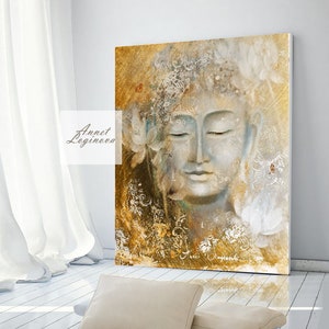 Pintura dorada, pintura de Buda, decoración de pared dorada, arte bohemio, pintura original sobre lienzo, arte de pared bohemio