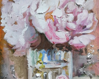 Lentebloemen schilderij, pioenrozen schilderij op canvas, pioenrozen origineel, klaar om te verzenden schilderij, boho muurkunst