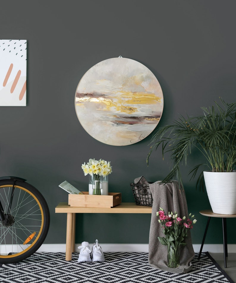 Round Abstract Canvas Art Abstract Wall Art Gold Leaf Wall Etsy