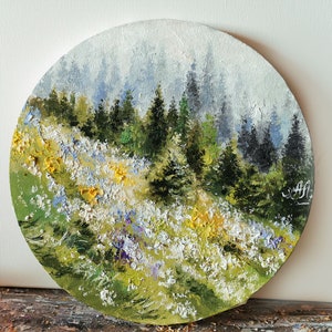 Oil painting original, Forest painting, Round painting, Coniferous forest, Emerald painting, Nature wall art