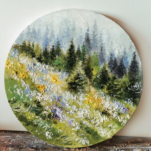 Oil painting original, Forest painting, Round painting, Coniferous forest, Emerald painting, Nature wall art image 1