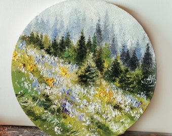 Oil painting original, Forest painting, Round painting, Coniferous forest, Emerald painting, Nature wall art