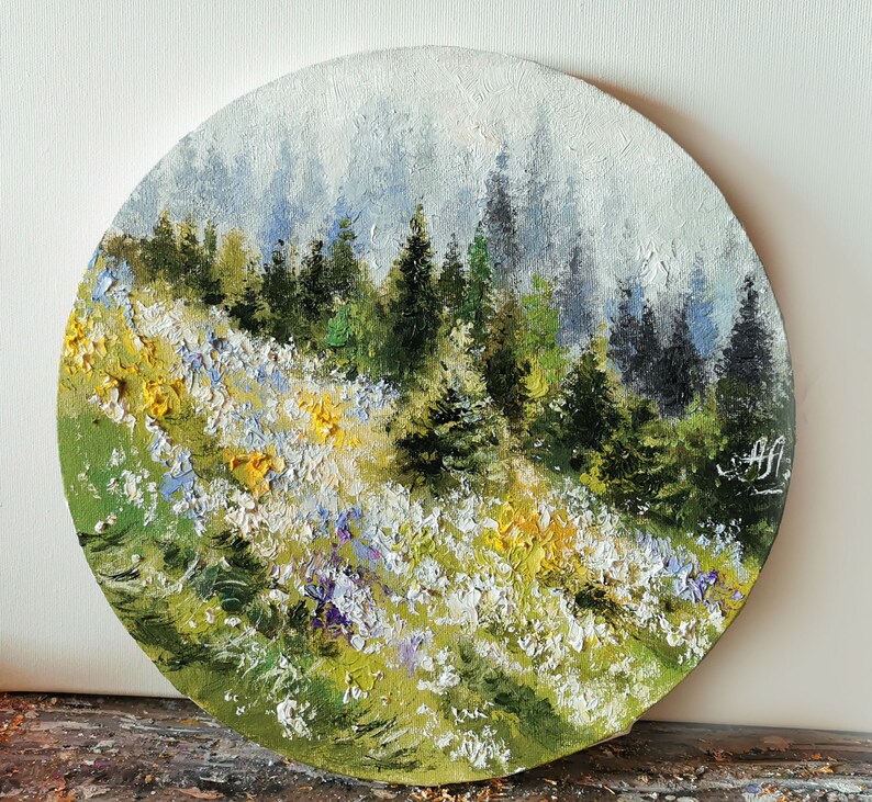 Oil painting original, Forest painting, Round painting, Coniferous forest, Emerald painting, Nature wall art image 1