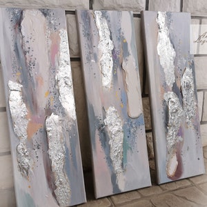 3-delige muurkunst, getextureerde muurkunst, bladzilver schilderij, origineel abstract schilderij, schilderij set, abstracte kunst aan de muur