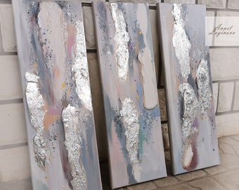 3-teiliges Wandbild, strukturierte Wandkunst, Silberblatt Malerei, Original abstrakte Malerei, Malset, abstrakte Wandkunst