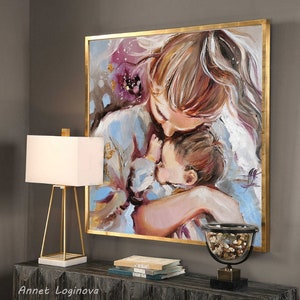 Oil painting original, Motherhood paiting, Baby painting, Nursery wall decor, Mom and baby art