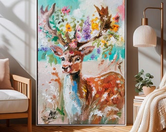 Spring deer painting, Animals painting, Floral wall decor, Boho wall art, Dining room wall art