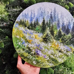 Oil painting original, Forest painting, Round painting, Coniferous forest, Emerald painting, Nature wall art image 2