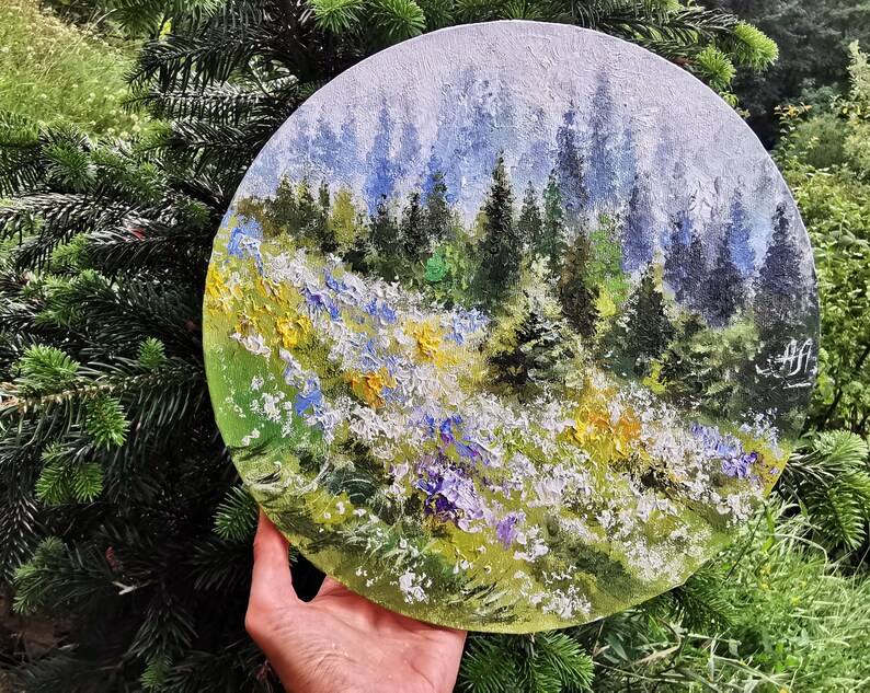 Oil painting original, Forest painting, Round painting, Coniferous forest, Emerald painting, Nature wall art image 2