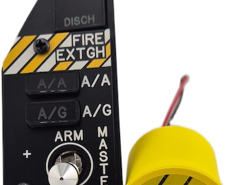 May include: A black control panel with white text reading READY, DISCH, FIRE EXTG, A/A, A/G, ARM, MASTER, SAFE, and EMERG JETT, featuring yellow and black hazard stripes. Beside it is a cylindrical yellow button labeled PUSH TO JETT with hazard stripes.