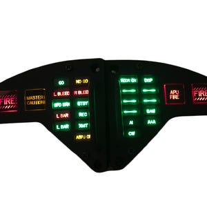 May include: A black aircraft instrument panel with red and green lights. The panel has labels for "FIRE", "MASTER CAUTION", "GO", "NO GO", "L BLEED", "R BLEE", "SPO BAK", "STBY", "L BAR", "REC", "L BAR", "3MT", "ABPJ OF", "ROOR ON", "DISP", "BAM", "N", "AAA", "CW", and "APU FIRE".